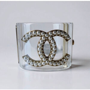CHANEL Lucite & Gold Pearl CC Logo Cuff Bracelet